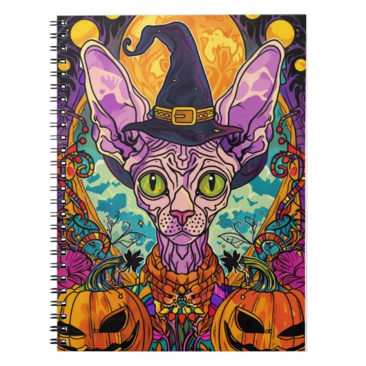 Spooky Sphynx kat Halloween heks en pompoen Notitieboek (Voorkant)