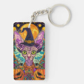 Spooky Sphynx kat Halloween heks en pompoen Sleutelhanger (achterkant)