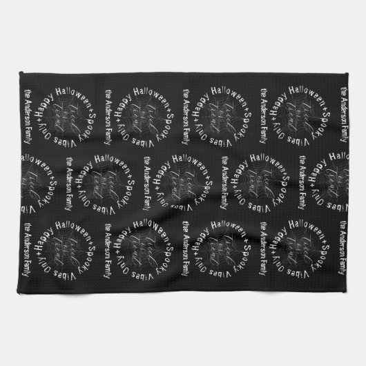 Spooky Spider Web Zwart-wit Happy Halloween Theedoek (Horizontaal)