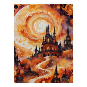 Spooky Spiral Castle - Halloween Sinaasappel Perfect Poster