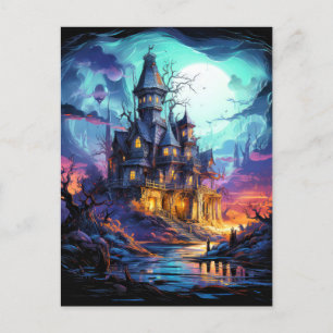Spooky spookachtige woning onder een volle maan briefkaart