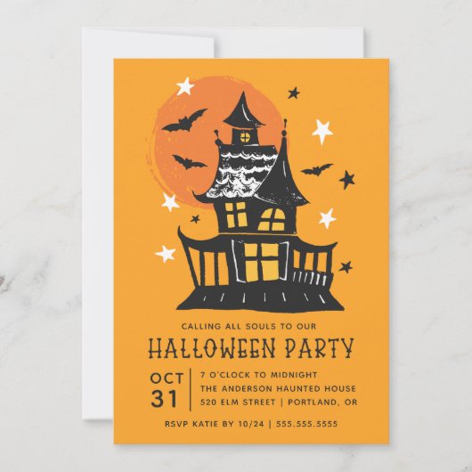 Spooky spookhuis met vleermuizen Halloween feest Kaart (Voorkant)