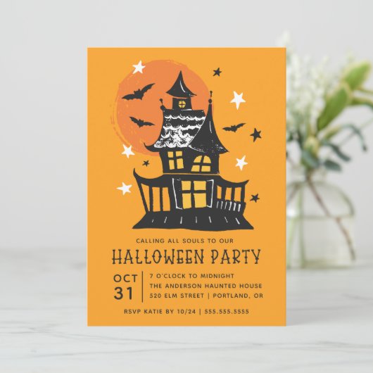 Spooky spookhuis met vleermuizen Halloween feest Kaart (Staand voorkant)