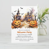 Spooky spookhuis pompoenen Kinder Halloween Party Kaart (Staand voorkant)