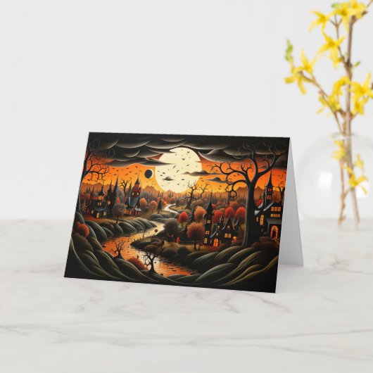 Spooky stad na donker - Happy Halloween Kaart (Gele Bloem)