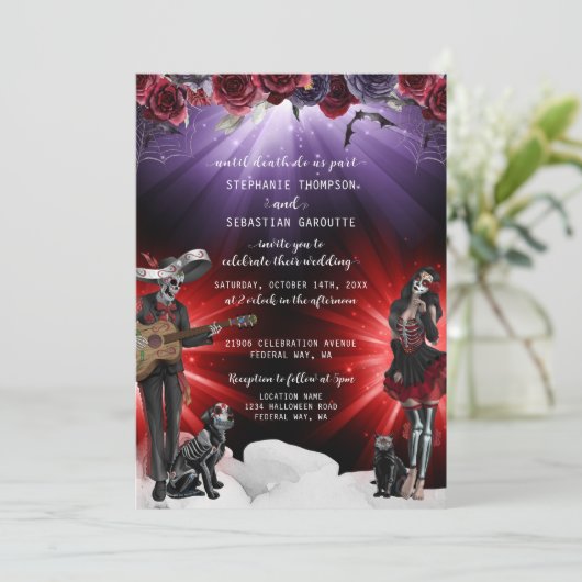 Spooky Sugar Skull Halloween bruiloft Kaart (Staand voorkant)