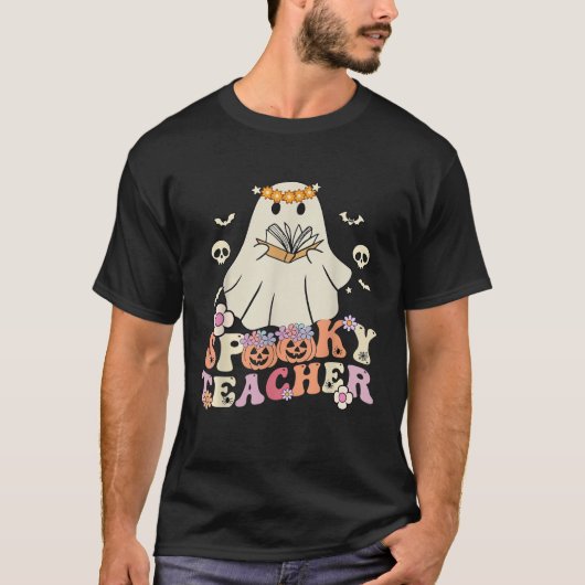 Spooky Teacher Groovy Retro Ghost Teacher Hallowee T-shirt (Voorkant)