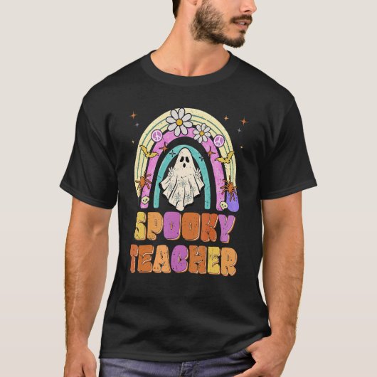 Spooky Teacher Retro Spooky Floral Ghost Hippie Ha T-shirt (Voorkant)