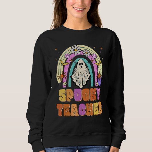 Spooky Teacher Retro Spooky Floral Ghost Hippie Ha Trui (Voorkant)