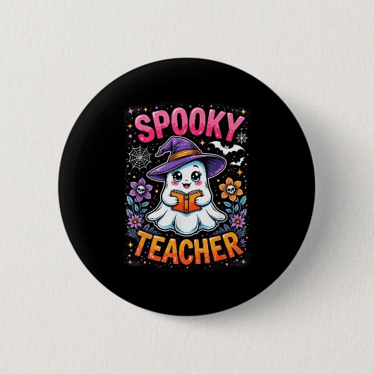 Spooky Teacher Schattige Ghost Reading Book Funny Ronde Button 5,7 Cm (Voorkant)