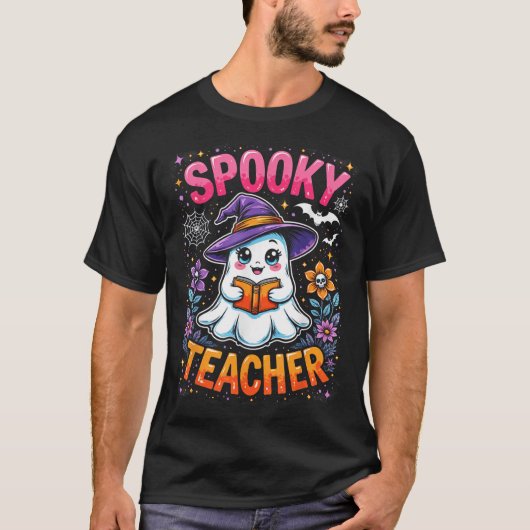 Spooky Teacher Schattige Ghost Reading Book Funny T-shirt (Voorkant)