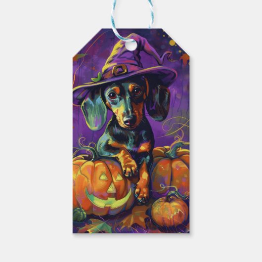 Spooky teckel hond Halloween heks en pompoen Cadeaulabel (Voorkant)