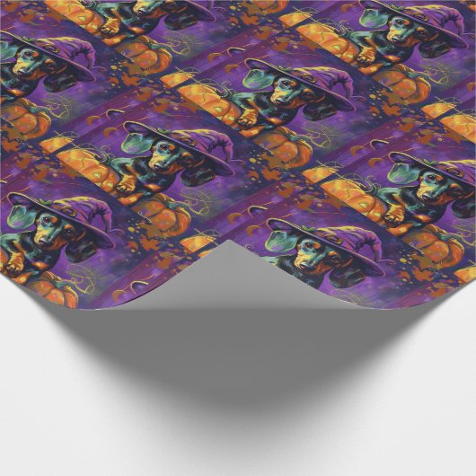 Spooky teckel hond Halloween heks en pompoen Cadeaupapier (Hoek)