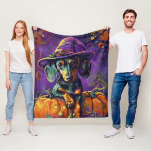 Spooky teckel hond Halloween heks en pompoen Fleece Deken
