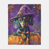 Spooky teckel hond Halloween heks en pompoen Fleece Deken (Voorkant)