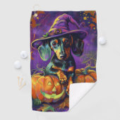 Spooky teckel hond Halloween heks en pompoen Golfhanddoek (Insitu)