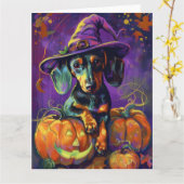 Spooky teckel hond Halloween heks en pompoen Kaart (Gele Bloem)