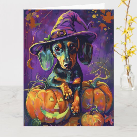 Spooky teckel hond Halloween heks en pompoen Kaart (Gele Bloem)