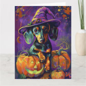 Spooky teckel hond Halloween heks en pompoen Kaart (Voorkant)