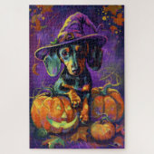 Spooky teckel hond Halloween heks en pompoen Legpuzzel (Verticaal)