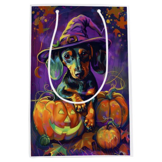 Spooky teckel hond Halloween heks en pompoen Medium Cadeauzakje (Voorkant)