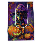 Spooky teckel hond Halloween heks en pompoen Medium Cadeauzakje (Achterkant)