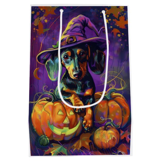 Spooky teckel hond Halloween heks en pompoen Medium Cadeauzakje (Achterkant)