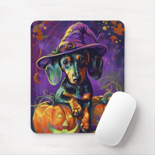 Spooky teckel hond Halloween heks en pompoen Muismat (Met muis)