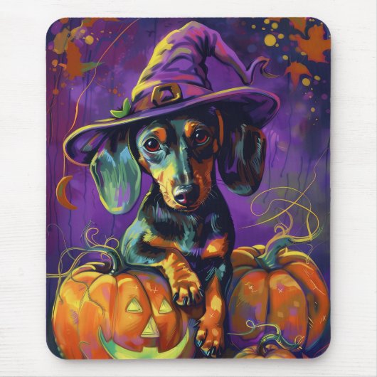 Spooky teckel hond Halloween heks en pompoen Muismat (Voorkant)
