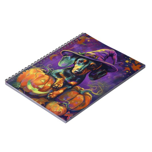 Spooky teckel hond Halloween heks en pompoen Notitieboek (Linkerzijde)