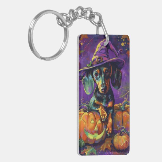 Spooky teckel hond Halloween heks en pompoen Sleutelhanger (Voorkant Links)