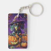 Spooky teckel hond Halloween heks en pompoen Sleutelhanger (achterkant)