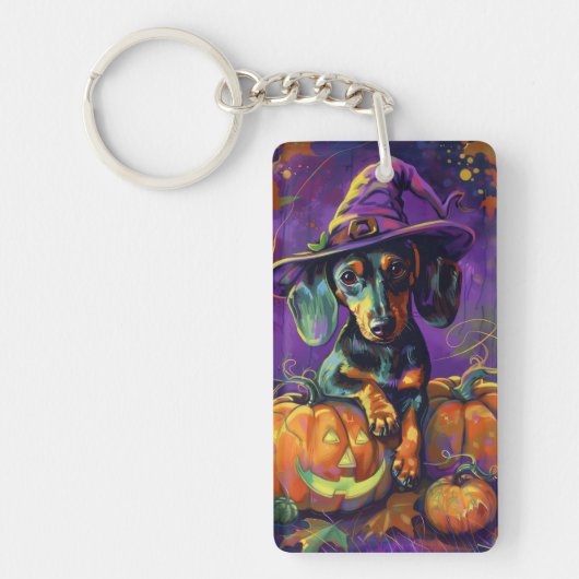 Spooky teckel hond Halloween heks en pompoen Sleutelhanger (Voorkant)