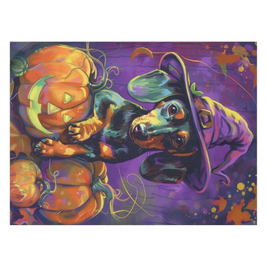 Spooky teckel hond Halloween heks en pompoen Tafelkleed (Voorkant (Horizontaal))