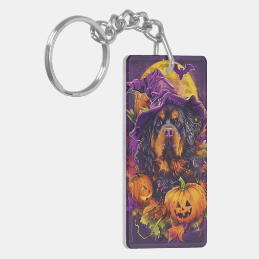 Spooky Tibetaanse Mastiff Hond Halloween Heksenpom Sleutelhanger (Voorkant Links)