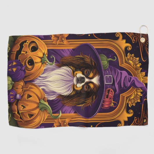 Spooky Tibetaanse Spaniel Hond Halloween Heksenpom Golfhanddoek (Horizontaal)