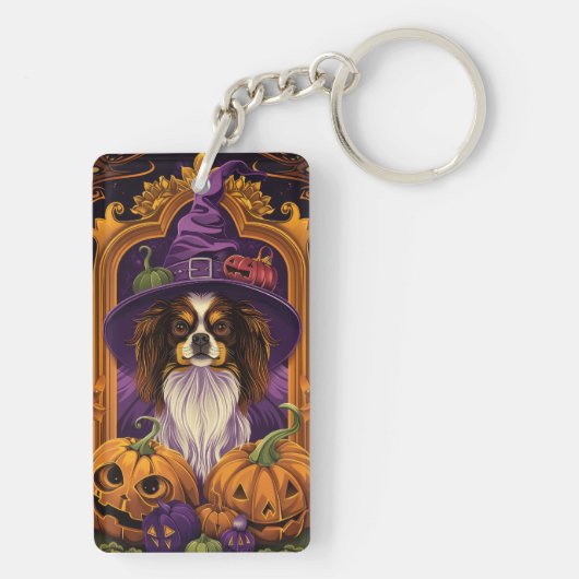 Spooky Tibetaanse Spaniel Hond Halloween Heksenpom Sleutelhanger (achterkant)