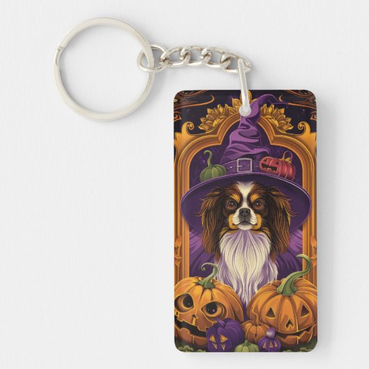 Spooky Tibetaanse Spaniel Hond Halloween Heksenpom Sleutelhanger (Voorkant)