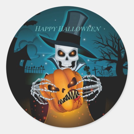 Spooky Top Hat Skeleton Ronde Sticker (Voorkant)