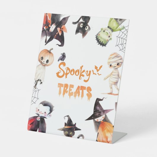 Spooky trakteert Halloween Monsters Kostuumfeest Reclamebord Met Voetstuk (Voorkant)