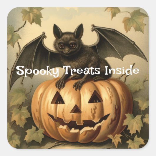 Spooky Treats Inside - Bat en Pompoen Halloween Vierkante Sticker (Voorkant)