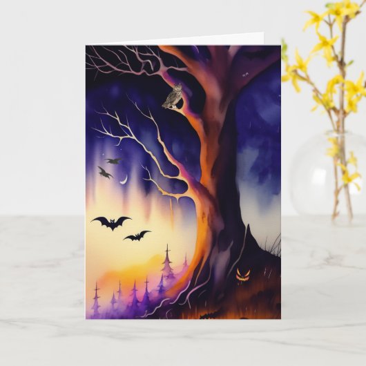 Spooky Tree Haunted Forest Halloween Kaart (Gele Bloem)