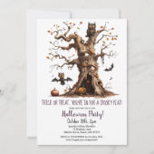 Spooky Tree Owl Bats Pumpkins Halloween Party Kaart (Voorkant)