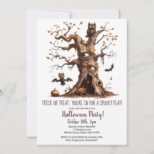 Spooky Tree Owl Bats Pumpkins Halloween Party Kaart (Voorkant)