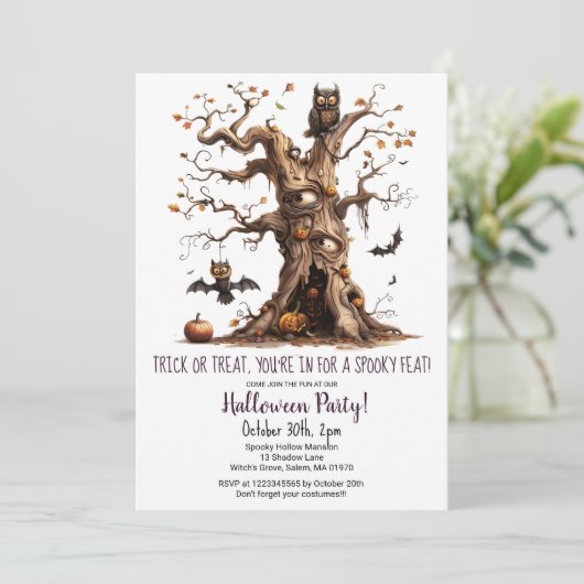 Spooky Tree Owl Bats Pumpkins Halloween Party Kaart (Staand voorkant)