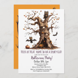 Spooky Tree Owl Bats Pumpkins Halloween Party Kaart