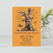 Spooky Tree Owl Bats Pumpkins Halloween Party Kaart (Staand voorkant)