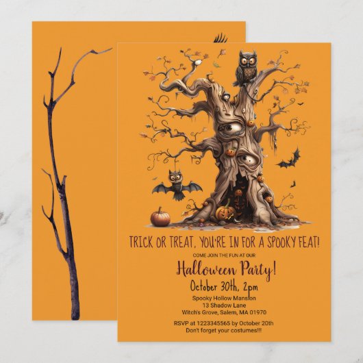 Spooky Tree Owl Bats Pumpkins Halloween Party Kaart (Voorkant / Achterkant)