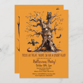 Spooky Tree Owl Bats Pumpkins Halloween Party Kaart