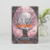 Spooky Tree Volle Maan Roze Sky Halloween Party Kaart (Staand voorkant)